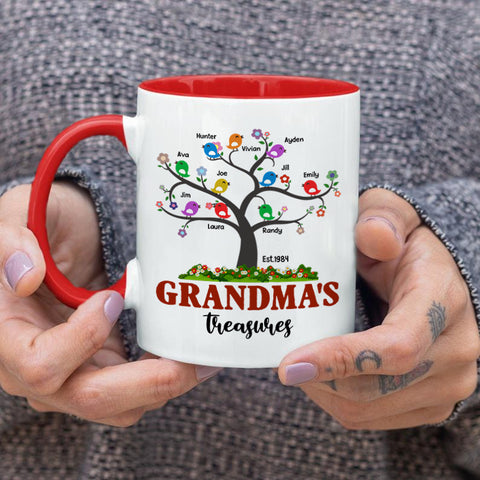 Personalized Coffee Mug For Grandma From Grandchild Grandma's Treasures Tree With Cute Birds Custom Grandkids Name 11 15Oz Ceramic Accent Cup Gifts For Grandma For Birthday Christmas