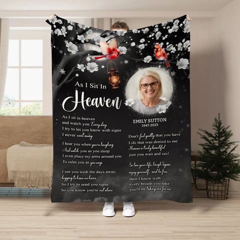 Sympathy Gifts, Memorial Blanket With Photo, In Memory Blanket, Heaven Watching Over Message, Portrait Photo Area, Lantern And Red Birds Artwork, Comfort Verse About Heaven, Loss Of Mom