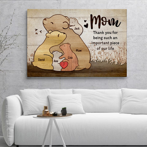 Gifts For Mom, Thanks For Being Such An Piece Of Our Life Mommy Kids Bear Wooden Pieces Canvas Wall Art, Gifts From Daughter Son, Poster Prints Wall Decor, Gifts For Mothers Day Xmas