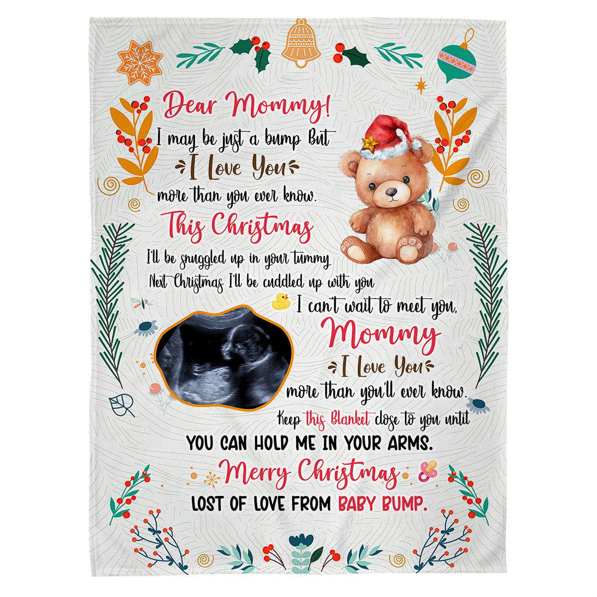 Mom To Be Gifts, This Christmas I'll Be Snuggled Up In Your Tummy Baby Ultrasound And Bear, Personalized Blanket, Gifts For Mommy , Fleece Sherpa, New Mom Blanket, Gifts For Christmas
