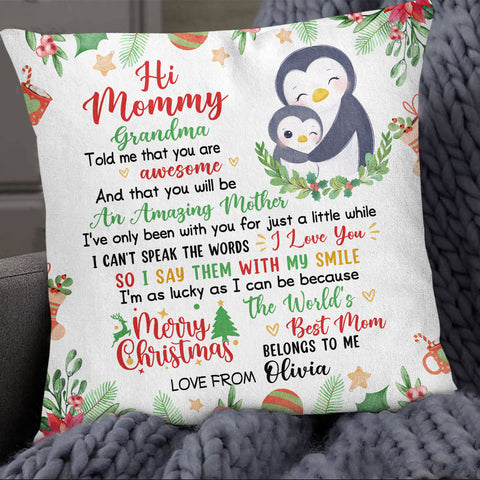 Personalized Square Pillow For New Mom From Family Gifts Penguin Hug Baby Grandma Told Me That You Are Awesome Merry Christmas Custom Name Double Sided Sofa Couch Cushion On Christmas