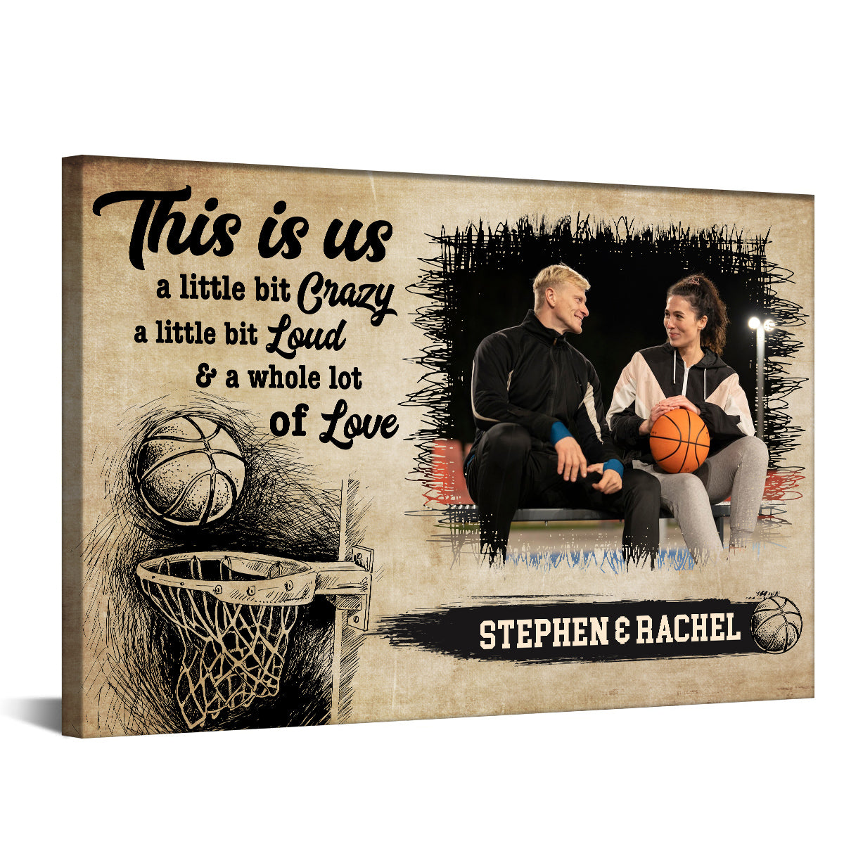 Personalized Name Couple Basketball Canvas Wall Art, A Little Bit Loud & A Whole Lot Of Love Quote Decor, Athletic Theme Print Canvas Wall Art, Gifts For Him Her Poster Prints Decor
