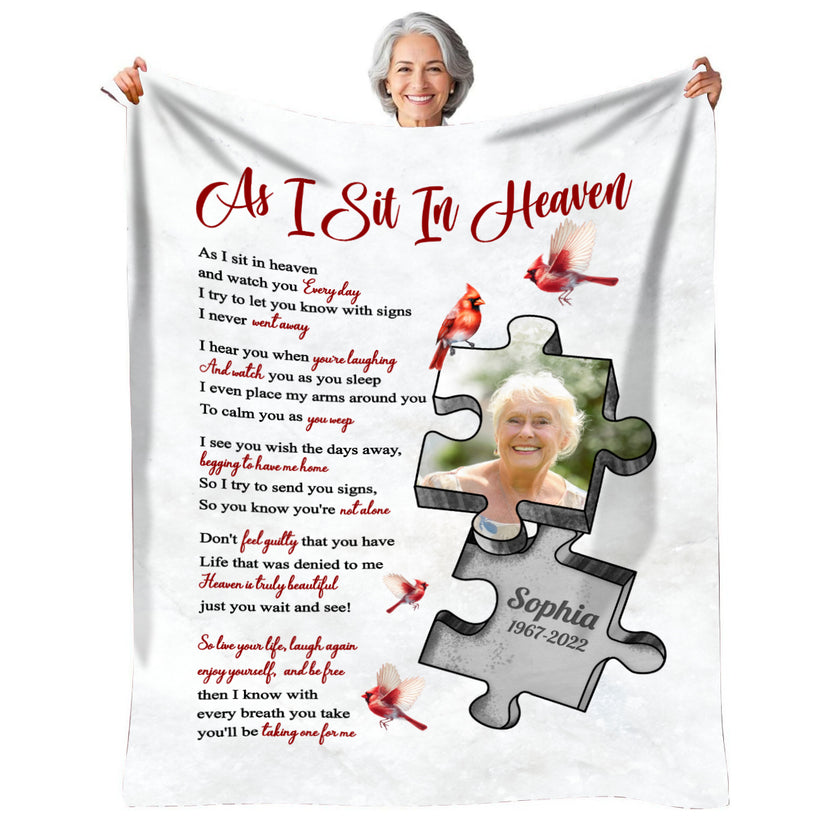 Sympathy Gifts, Memorial Blanket With Photo, In Memory Blanket, Remembrance Words From Heaven, Portrait Image With Symbolic Shape, Watching Over From Heaven Message, Loss Of Mom Dad