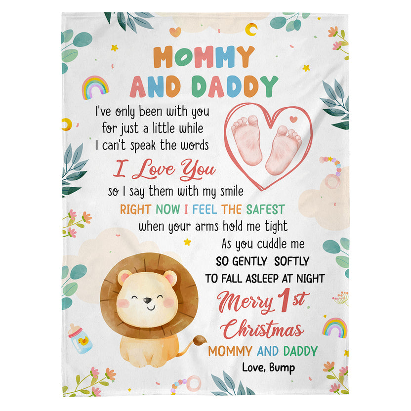 Merry 1st Christmas Mommy Daddy I've Only Been With You A While Footprint Baby Lion, Personalized Blanket, Gifts For New Parents, Fleece Sherpa Blanket, New Parents Xmas Christmas