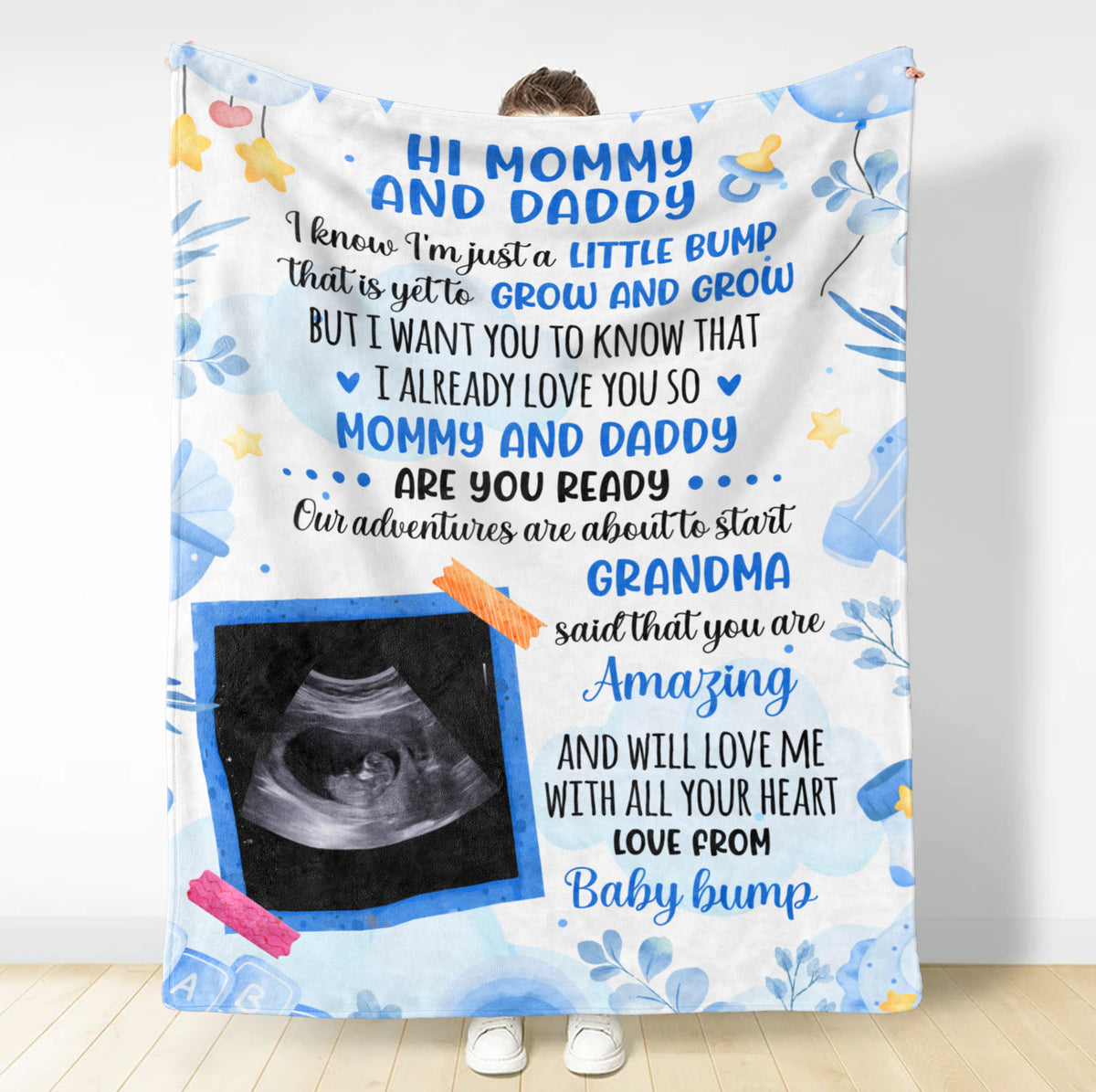1st Time Expecting Parents Gifts, Blue Theme Ultrasound Picture I'm Just A Bump, Personalized Blanket, Gifts For New Parents, Fleece Sherpa Blanket, Baby Shower For Father's Day