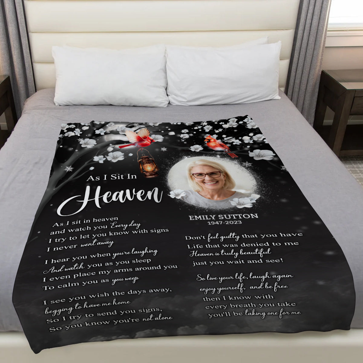 Sympathy Gifts, Memorial Blanket With Photo, In Memory Blanket, Heaven Watching Over Message, Portrait Photo Area, Lantern And Red Birds Artwork, Comfort Verse About Heaven, Loss Of Mom