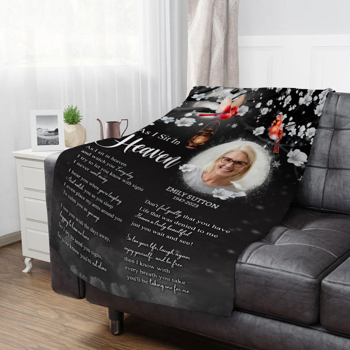 Sympathy Gifts, Memorial Blanket With Photo, In Memory Blanket, Heaven Watching Over Message, Portrait Photo Area, Lantern And Red Birds Artwork, Comfort Verse About Heaven, Loss Of Mom