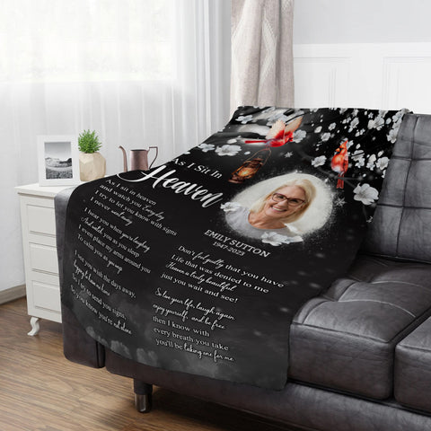 Sympathy Gifts, Memorial Blanket With Photo, In Memory Blanket, Heaven Watching Over Message, Portrait Photo Area, Lantern And Red Birds Artwork, Comfort Verse About Heaven, Loss Of Mom