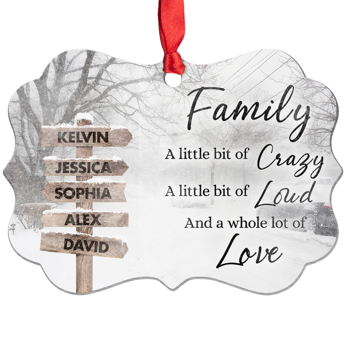 Family Little Bit Crazy, Little Bit Of Loud And Whole Lot Of Love Wooden Street Sign With Names Winter Christmas Ornament