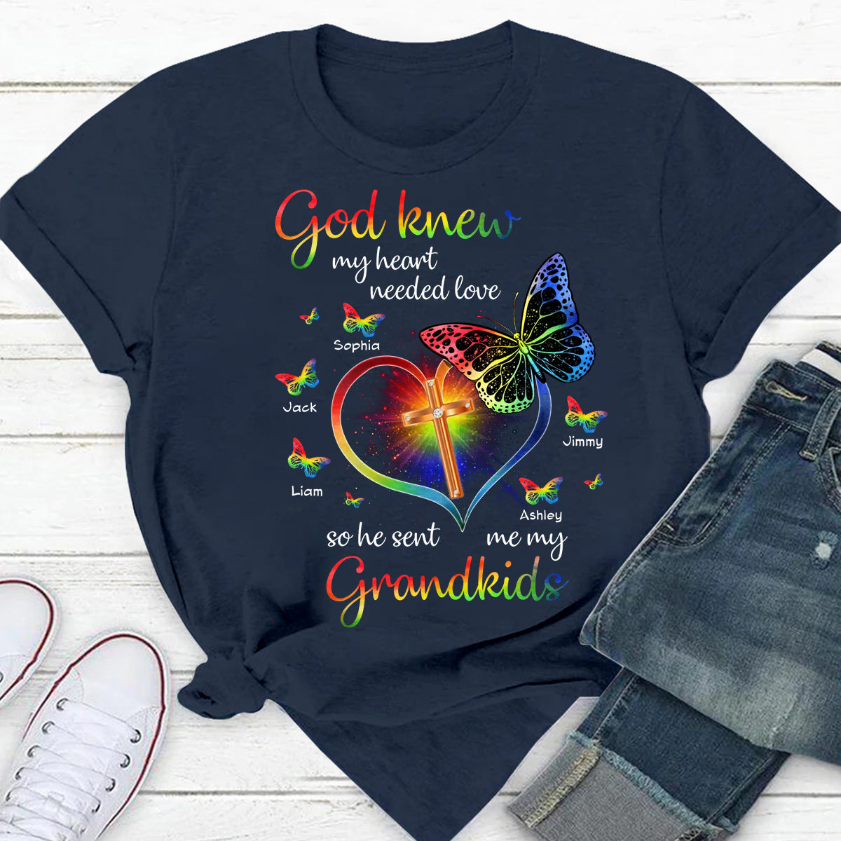 Personalized Shirt For Grandparents From Grandson Hologram God Knew Heart Needed Love So He Sent Me My Grandkids Custom Name Gifts For Grandma Short Sleeve Tops Tee T-Shirt For Birthday Xmas