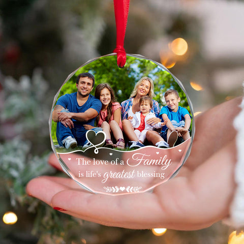 The Love Of A Family Is Life’S Blessing Ornament Personalized Glass Ornament Custom Photo Family Gifts Christmas Keepsake, Personalized Photo Christmas Idea Gifts For Mom Dad Parents