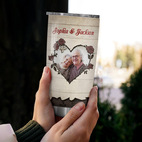 His And Hers Gifts, I'd Choose You Romantic Couple Flowers Heart Frame Wooden, Personalized Photo Tumbler, Gifts For Him Her From Darling, 20oz With Lid Travel Cup For Valentine
