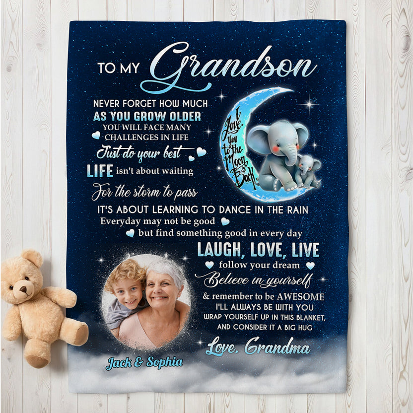 Gifts For Grandson, Elephants With Moon Upload Photo Laugh Love Live, Personalized Blanket, Gifts For Grandson From Grandma, Fleece Sherpa Blanket, Gifts For Birthday Christmas Xmas
