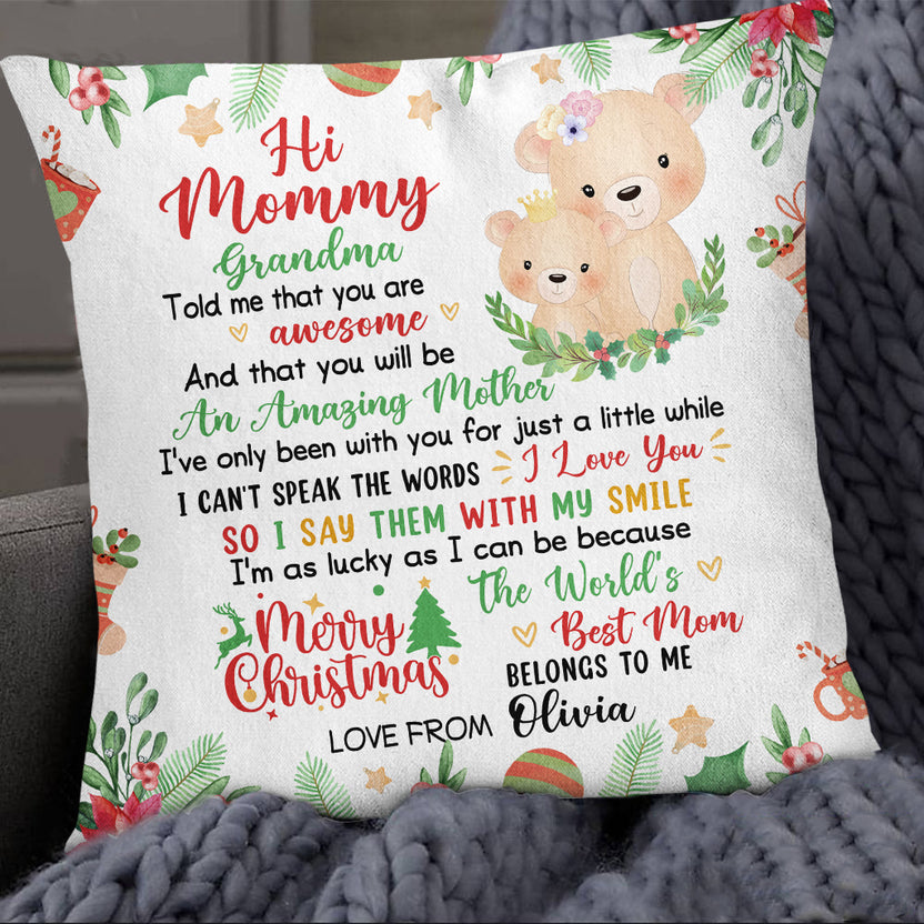 Personalized Square Pillow For New Mom From Baby Family Gifts Grandma Told Me That You Are Awesome Merry Christmas Cute Bear Custom Name Double Sided Sofa Couch Cushion On Christmas