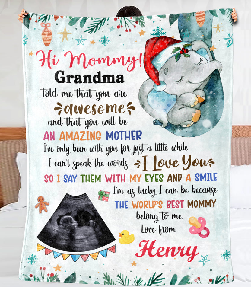 Personalized Animal Blanket For Mom From Baby Girl Pregnancy Ultrasound Cute Blue Elephant I Love You Custom Name Photo Gifts For Christmas Fleece Sherpa Blanket For 1St Christmas Xmas