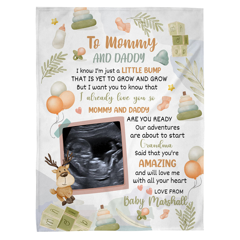 Mom To Be Gifts, Cute Reindeer Hi Mommy And Daddy Blanket Custom Ultrasound Picture For Mom To Be New Dad From Baby Bump For New Mommy, Fleece Sherpa Blanket Mother's Day Pregnancy