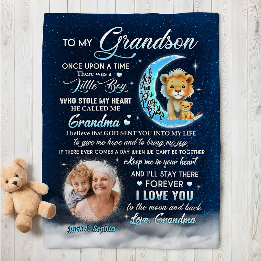 Gifts For Grandson, He Called Me Grandma Lions With Moon And Upload Photo, Personalized Blanket, Gifts For Grandson From Grandma, Fleece Sherpa Blanket, Gifts For Christmas Birthday