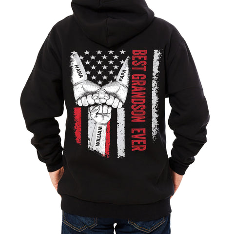 Personalized T-Shirt For Grandson Boy From Grandpa Grandma Unique Grandsons Gifts Vintage Grandson Ever Fist Bump Flag Custom Name Short Sleeve Tee Shirt For Birthday Graduation