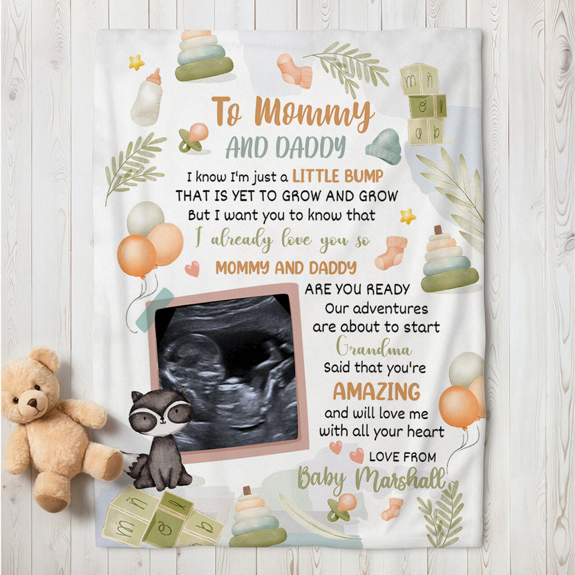 Mom To Be Gifts, Cute Raccoon Hi Mommy And Daddy Blanket Custom Ultrasound Picture For Mom To Be New Dad From Baby Bump Mommy, Fleece Sherpa Blanket, Gifts For Mother's Day