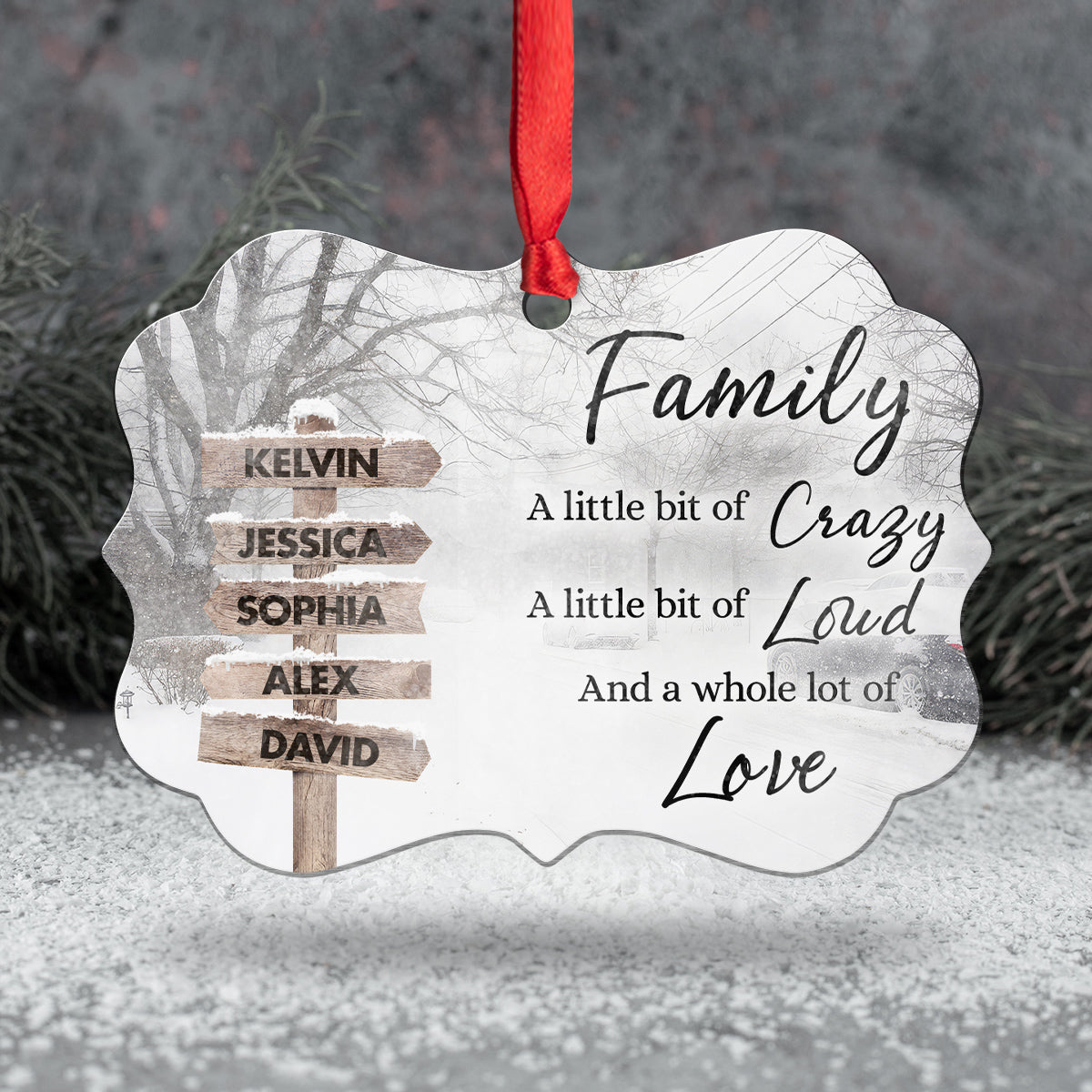 Family Little Bit Crazy, Little Bit Of Loud And Whole Lot Of Love Wooden Street Sign With Names Winter Christmas Ornament