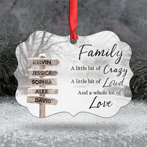 Family Little Bit Crazy, Little Bit Of Loud And Whole Lot Of Love Wooden Street Sign With Names Winter Christmas Ornament