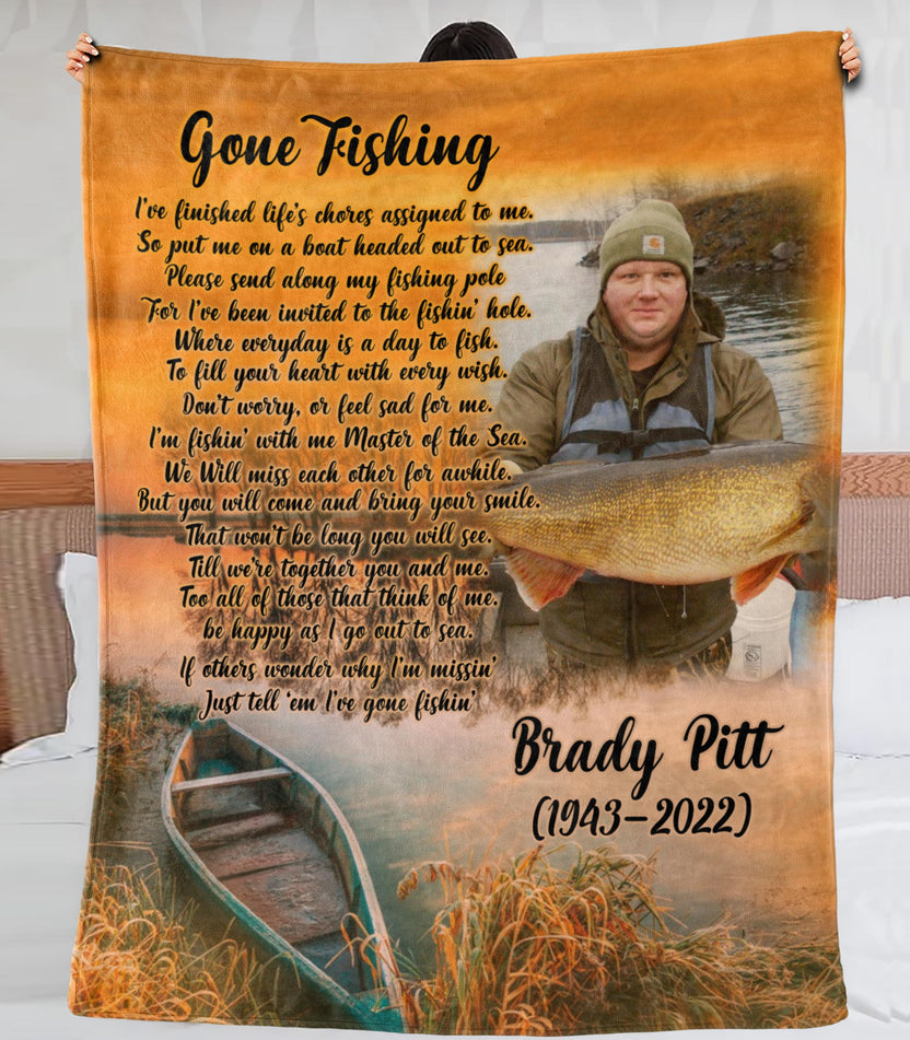 Personalized Gone Fishing Memorial Blanket For Dad Papa In Heaven Custom Photo Name And Time Fleece Sherpa Blanket Gifts For Daddy Memory Gifts For Fisherman Father Christmas Thanksgiving