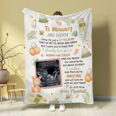 Cute Baby Bear Hi Mommy And Daddy Blanket Custom Ultrasound Picture For Mom To Be New Dad From Baby Bump  Gifts For New Mommy, Fleece Sherpa Blanket Expecting Mothers