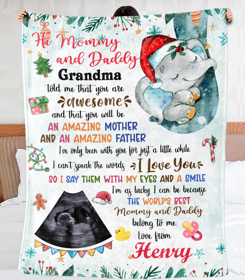 Personalized Blanket For Mommy Daddy From Baby Boy Girl New Parents Gifts I'm As Lucky As I Can Be Cute Blue Elephant Baby's Sonogram Custom Name Photo Fleece Sherpa Blanket For Christmas