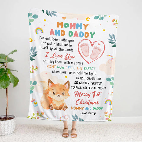 Merry 1st Christmas Mommy Daddy I've Only Been With You A While Footprint Baby Fox, Personalized Blanket, Gifts For New Parents, Fleece Sherpa Blanket, New Parents, Gifts For Xmas