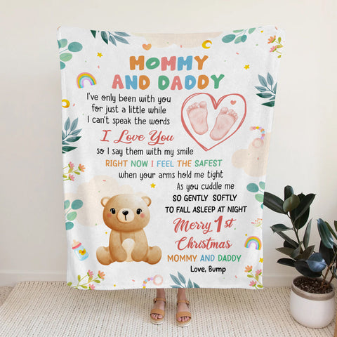 Merry 1st Christmas Mommy Daddy I've Only Been With You A While Footprint Baby Bear, Personalized Blanket, Gifts For New Parents, Fleece Sherpa Blanket, New Parents, Gifts For Xmas