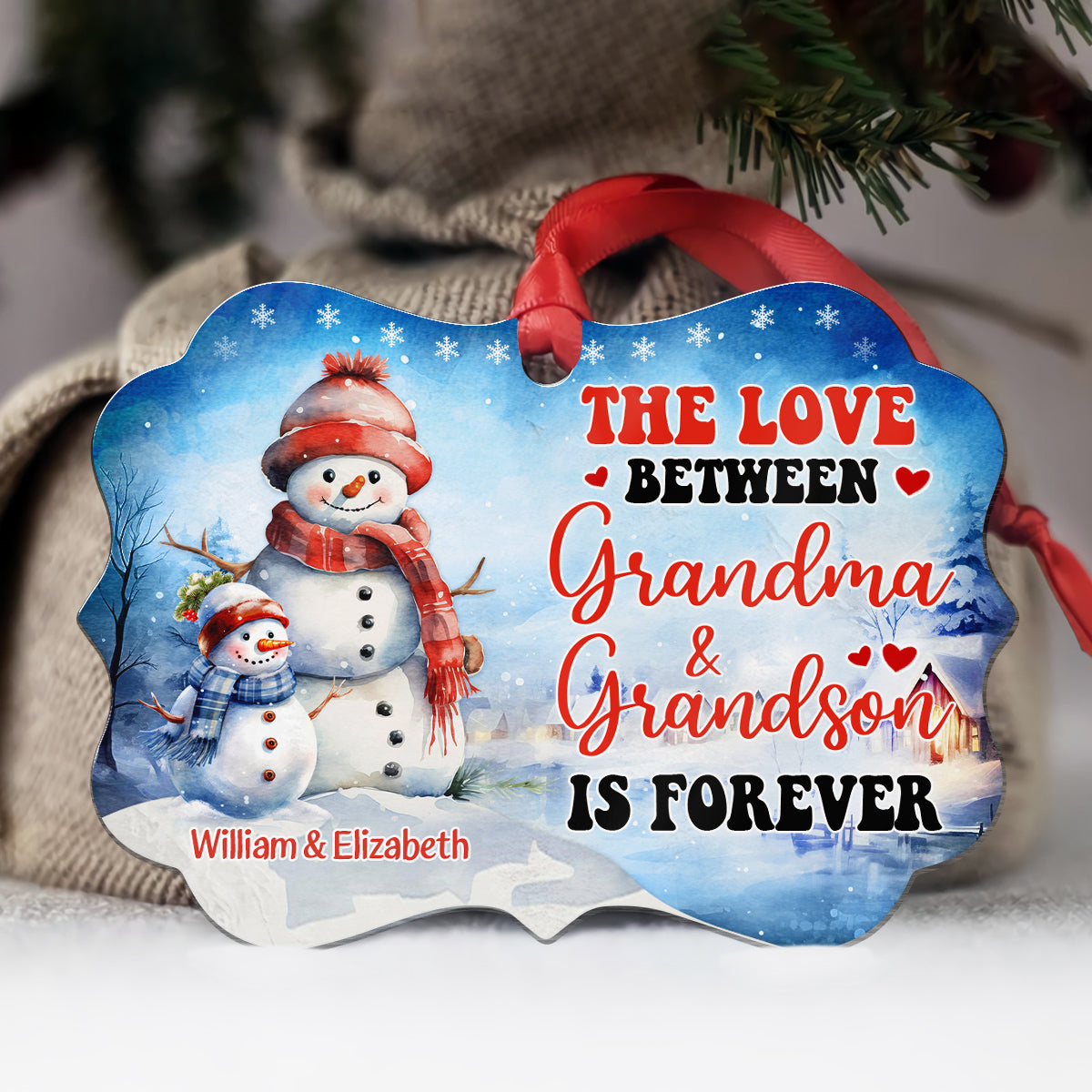 Grandma Gifts, Cute Xmas Winter The Love Between Grandma & Grandson Is Forever, Personalized Ornament, Gifts For Gigi From Grandkids, Xmas Tree Hanging Medallion Aluminum Ornament