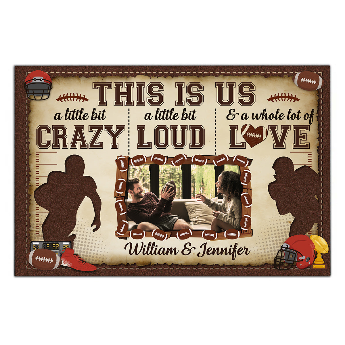 Personalized Name Football Canvas Artwork, A Little Bit Loud & A Whole Lot Of Love Phrase, Sports Couple Theme Decor, Personalized Canvas Wall Art, Gifts For Him Her Honey Poster