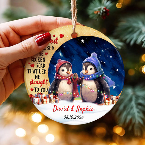 God Blessed The Road That Led Me To You Cute Penguin Couple Crescents Moon, Penguin Couple Holiday Keepsake, Couples Christmas Ornament, Tree Decor, Personalized Christmas Ornament