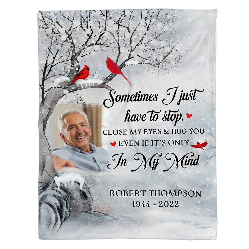 Memorial Gifts, Personalized Memorial Blanket With Photo, Memorial Tree Red Birds Close My Eyes And Hug You, Loss Of Dad Grandpa Blanket, Fleece Sherpa, Funeral Gifts For Anniversary