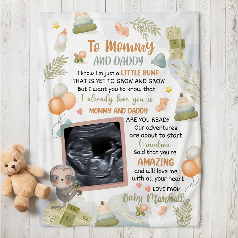 Cute Sloth Hi Mommy And Daddy Blanket Custom Ultrasound Picture For Mom To Be New Dad From Baby Bump Gifts For New Mommy, Fleece Sherpa Blanket Pregnancy Gifts Ideas Mothers Day