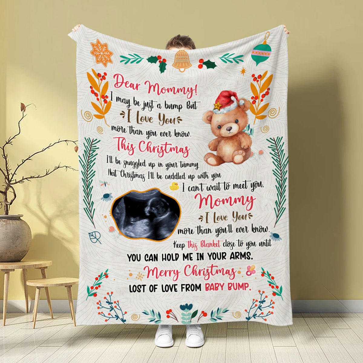 Mom To Be Gifts, This Christmas I'll Be Snuggled Up In Your Tummy Baby Ultrasound And Bear, Personalized Blanket, Gifts For Mommy , Fleece Sherpa, New Mom Blanket, Gifts For Christmas