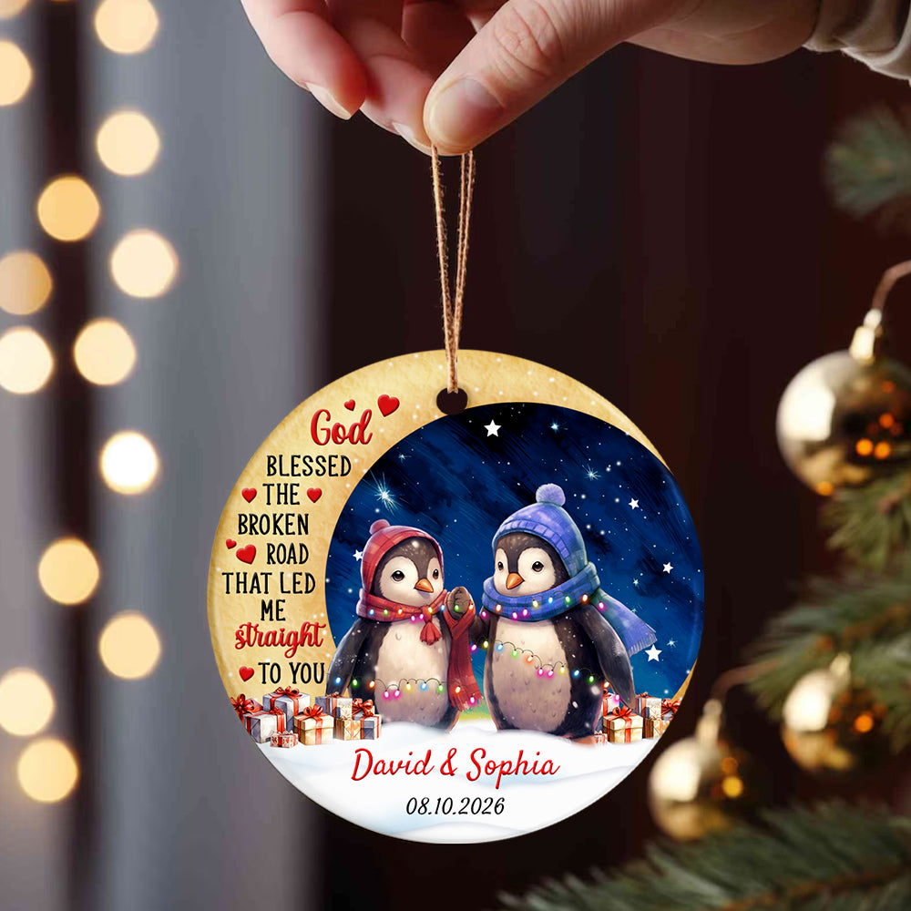 God Blessed The Road That Led Me To You Cute Penguin Couple Crescents Moon, Penguin Couple Holiday Keepsake, Couples Christmas Ornament, Tree Decor, Personalized Christmas Ornament