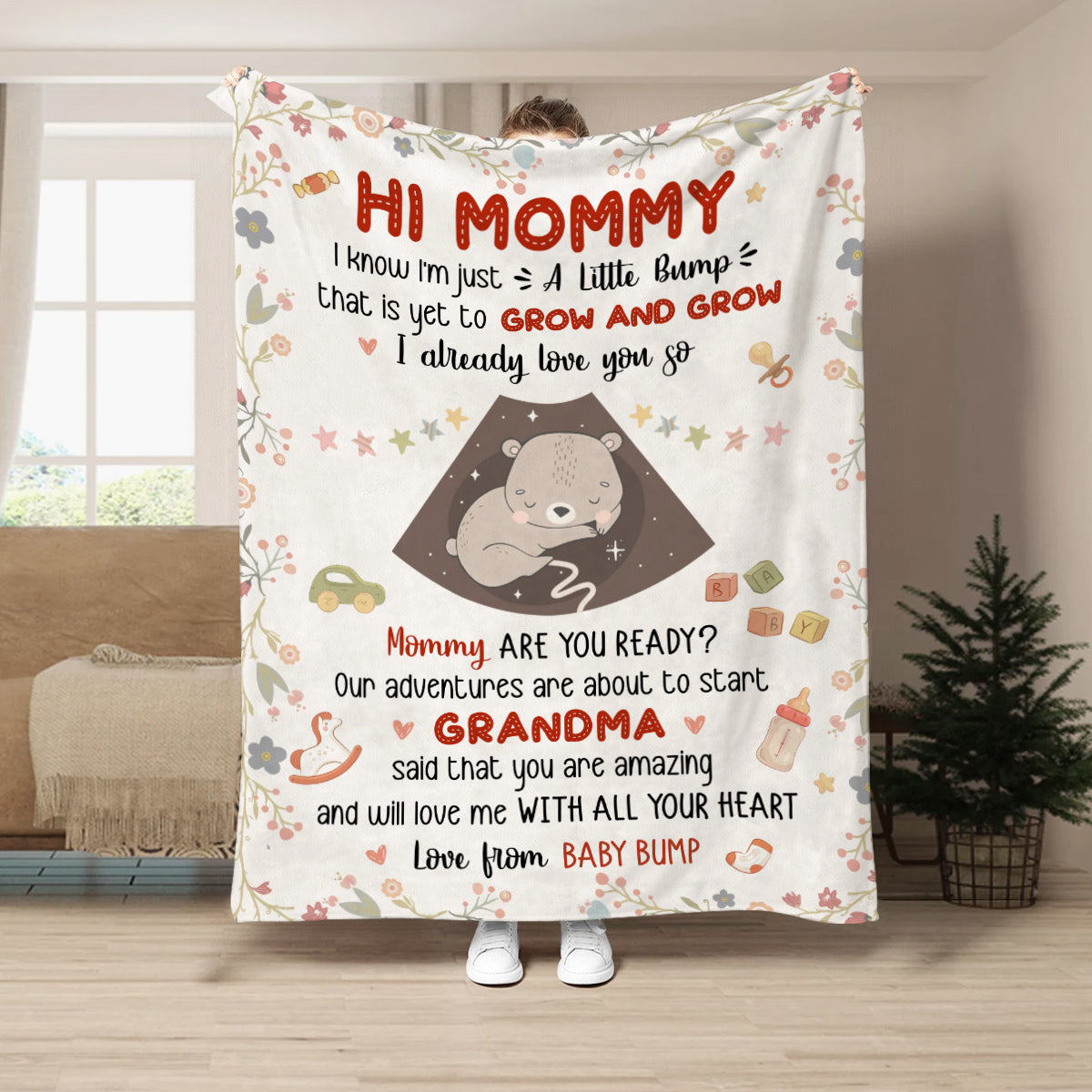 Mom To Be Gifts, I Already Love You Floral Cute Baby Bear Sleeping Ultrasound Mommy's Tummy Blanket For New Mom Mother's Day