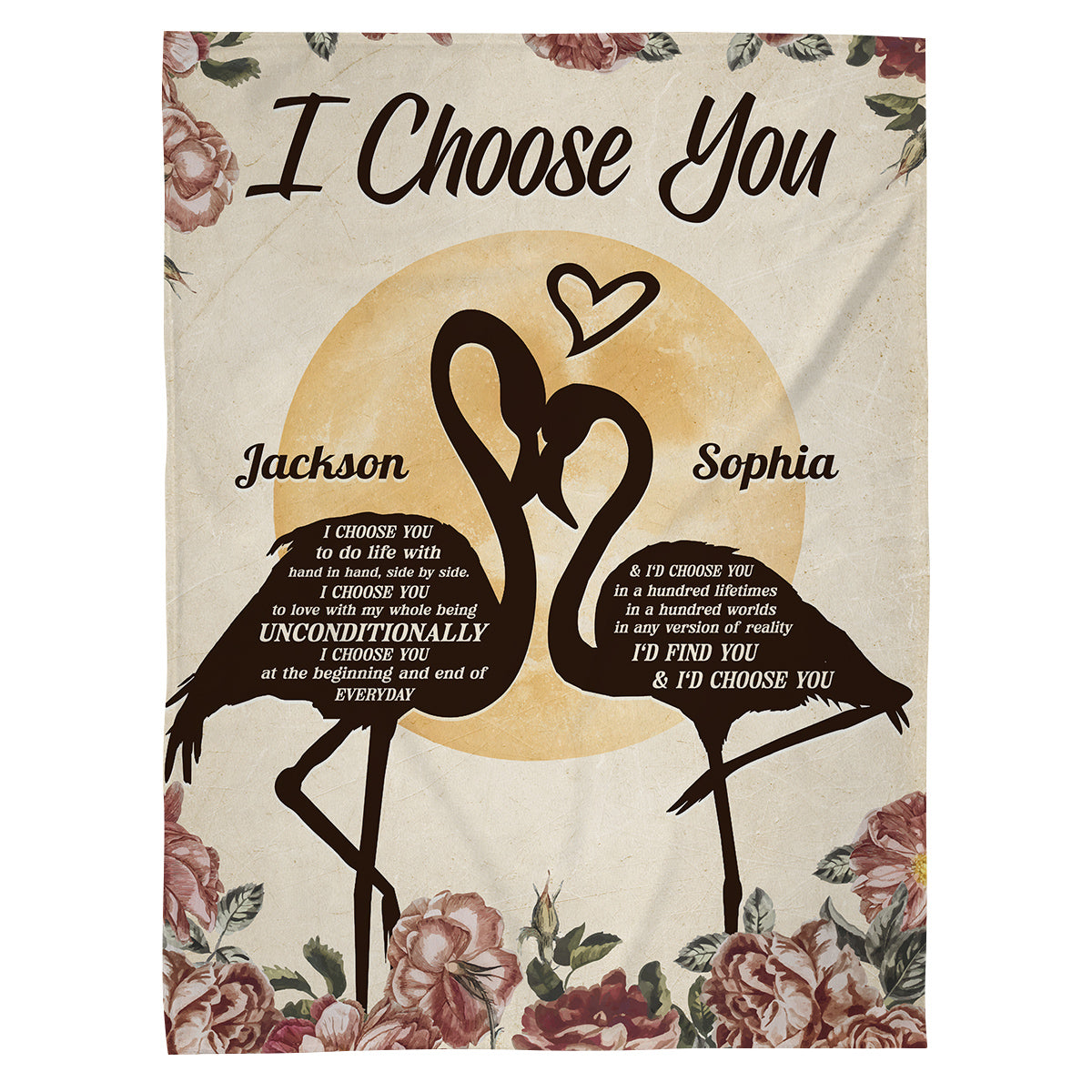 Flamingo Couple Floral Silhouette Vintage I'd Find You & I'd Choose You, Personalized Blanket, Gifts For Him Her Couple